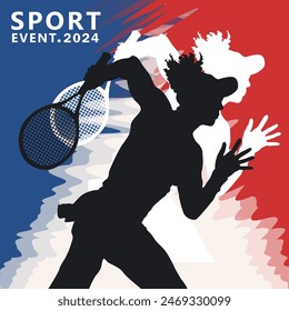 Layout poster with silhouette of female tennis player with racket in action pose against the France flag background. Sport championship event or international competition in Paris. Tennis sport