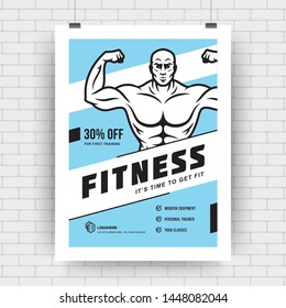 Layout poster template design for fitness sport event, tournament or championship flyer modern typography cover vector illustration with bodybuilder man symbol silhouette.