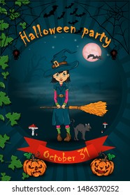 the layout of the posters for the festival of all Hallows eve, Halloween, little witch with a broom standing on cemetery design vector vector EPS 10