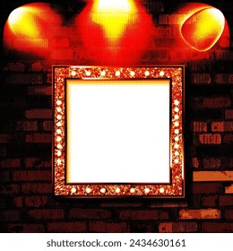 A layout for the presentation of a decorated square-shaped sign in the rays of searchlights. Against the background of an old brick wall. Vector illustration