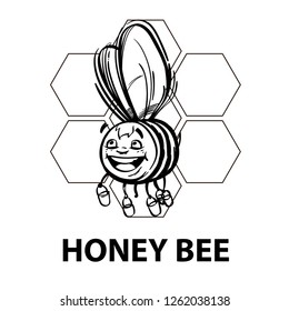 Layout print or logo of a bee with buckets of honey on the background of honeycombs. Vector black and white drawing.