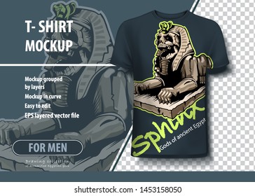 Layout for printing on T-shirts in the vector of an ancient Egyptian statue with a Sphinx skull.