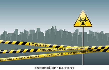 Layout of the quarantine area of coronavirus epidemic covid-19. Coronavirus quarantine warning tapes and biohazard sign. Pandemic covid 19. Epidemic barrage lines. Vector template, city on background