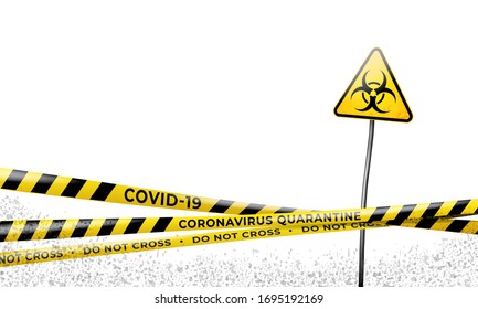 Layout of the quarantine area of coronavirus epidemic covid-19. Coronavirus quarantine warning tapes and biohazard sign. Pandemic covid 19. Epidemic barrage lines. Vector grunge template