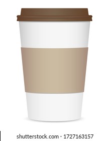 Layout of a realistic coffee cup with a brown lid and a cup holder. Front view. Isolated on white background. Vector illustration