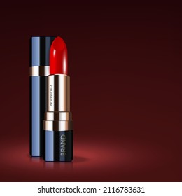 Layout of red lipstick closed and open, design of cosmetic packaging in 3d illustrations
