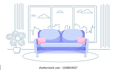 Layout of the room with a large window overlooking the city. Blue sofa with pink pillows in the living room.