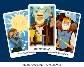 The layout of the senior arcana cards consists of three cards: the magician, the sun, the emperor. Occult esoteric spiritual Tarot. Numerology and fortune telling. Modern vector illustrations