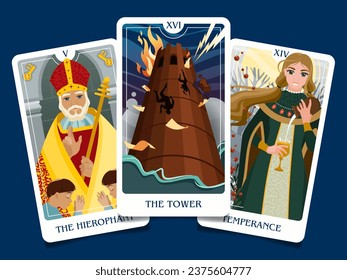 Das Layout der älteren Arcana-Karten besteht aus drei Karten: Turm, Beherrschung, Hierophant. Okkulter esoterischer spiritueller Tarot. Numerologie und Wahrsagerei. Moderne Vektorgrafiken