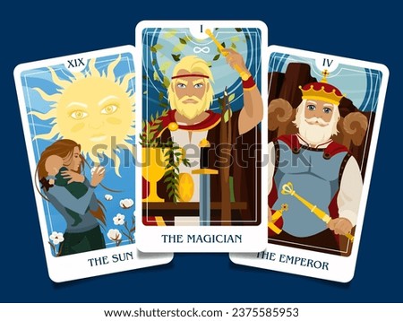 The layout of the senior arcana cards consists of three cards: the magician, the sun, the emperor. Occult esoteric spiritual Tarot. Numerology and fortune telling. Modern vector illustrations