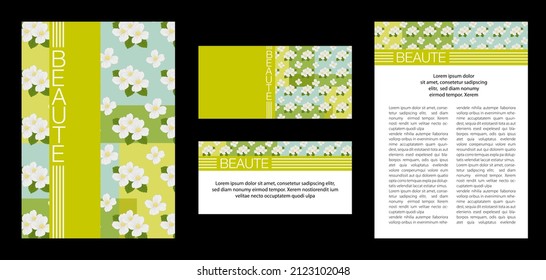 Disposición establecida en los formatos de folleto y tarjeta de invitación con fondo de motivos florales con flores de té. 