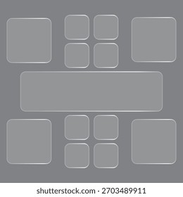 El diseño muestra varios marcos cuadrados redondeados grises brillantes dispuestos simétricamente sobre un fondo gris, creando un aspecto limpio y moderno ideal para una integración de contenido versátil.