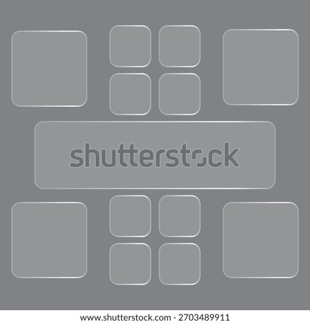 The layout showcases various glossy gray rounded square frames arranged symmetrically on a gray background, creating a clean, modern look ideal for versatile content integration.