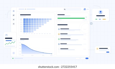 The layout shows various charts and data metrics on a screen, highlighting important information for users. It includes a graph, user stats, and indicators for analysis.