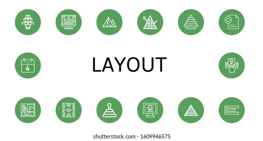 layout simple icons set. Contains such icons as Kentia, Edit tool, Pyramid, Page, Layout, Soccer field, Webpage, th of july, Business card, can be used for web, mobile and logo
