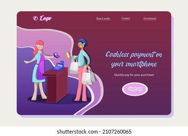 Layout of the site the client pays for the purchase via bank transfer. Happy seller and client. Vector layout of a business application.