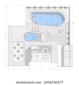 layout or site plan of swimming pool and outdoor kitchen equipped with dimensions