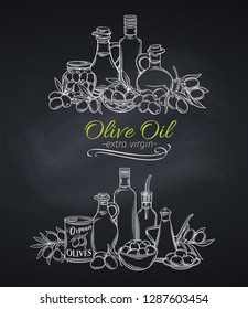 Layout sketch olives, tree branches, glass bottle, jug , metal dispenser and olive oil for farmers market packaging design. Chalkboard style.