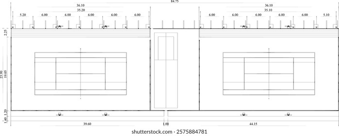 layout sketch of a simple tennis court with simple stands