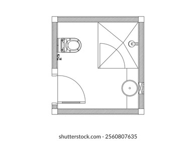 Layout of small bath room . Design interior floor plan 2 dimension with lines black on white background. Design print for element architectural, interior, furniture. Set 5