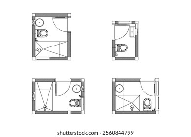 Layout of small bath room . Design interior floor plan 2 dimension with lines black on white background. Design print for element architectural, interior, furniture, article, plan, template. Set 7