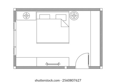 Layout of small bed room . Design interior floor plan 2 dimension with lines black on white background. Design print for element architectural, interior, furniture. Set 1