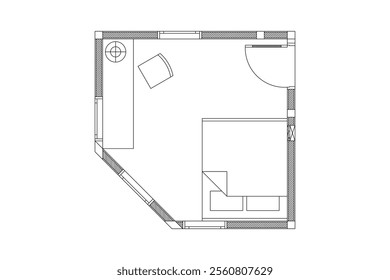 Layout of small bed room . Design interior floor plan 2 dimension with lines black on white background. Design print for element architectural, interior, furniture. Set 4