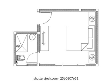 Layout of small bed room . Design interior floor plan 2 dimension with lines black on white background. Design print for element architectural, interior, furniture. Set 3