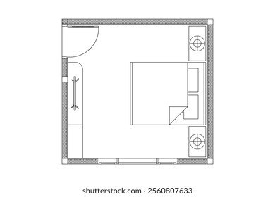 Layout of small bed room . Design interior floor plan 2 dimension with lines black on white background. Design print for element architectural, interior, furniture. Set 2