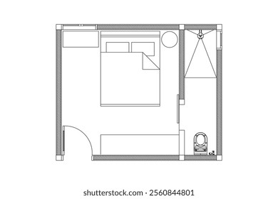 Layout of small bed room . Design interior floor plan 2 dimension with lines black on white background. Design print for element architectural, interior, furniture, article, plan, template. Set 10