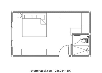 Layout of small bed room . Design interior floor plan 2 dimension with lines black on white background. Design print for element architectural, interior, furniture, article, plan, template. Set 11