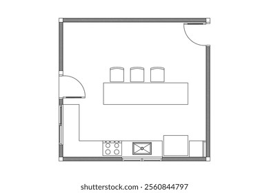 Layout of small kitchen . Design interior floor plan 2 dimension with lines black on white background. Design print for element architectural, interior, furniture, article, plan, template. Set 8