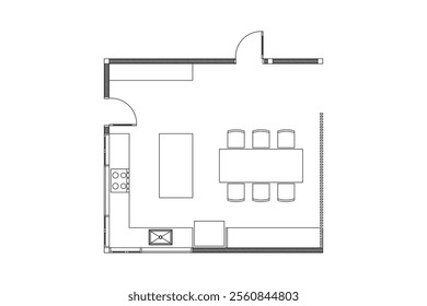 Layout of small kitchen . Design interior floor plan 2 dimension with lines black on white background. Design print for element architectural, interior, furniture, article, plan, template. Set 9