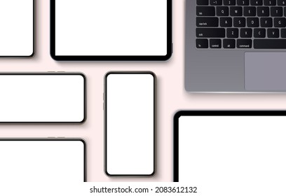 The layout of a smartphone, laptop and digital tablet, a modern communication device isolated on a white background with a top view. Mockup generic device. Template for infographics or presentation.