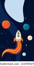 Layout with space rocket flying through the galaxy surrounded by planets, comets and stars and place for text. Background with shuttle flying in the universe