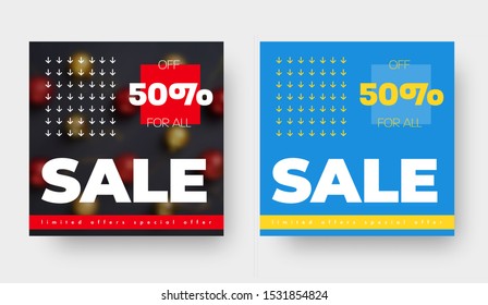 Layout of a square vector black and blue banner for a big sale, with a place for a photo and a pattern of their arrows. Template for social media with yellow and red design elements, email newslett