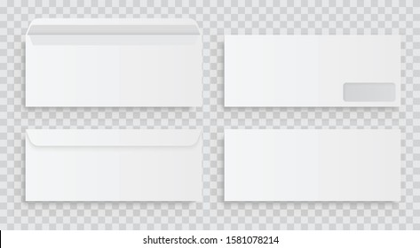 Layout of standard white envelopes front and back. Empty envelope layouts with transparent juice. Vector illustration of a blank white envelope on a gray background