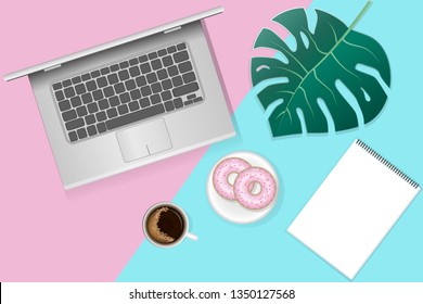 The layout in the style of flat lay: a laptop, a cup of coffee and items on the table