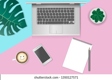 The layout in the style of flat lay: a laptop, a cup of coffee and items on the table