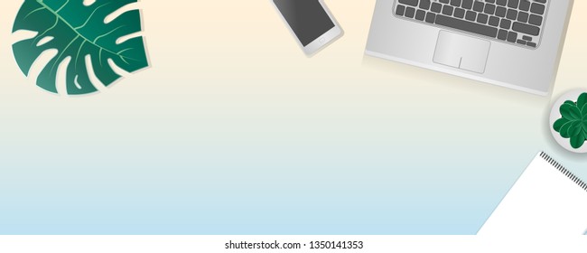 The layout in the style of flat lay: a laptop and items on the table, free space.