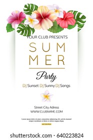 Layout of summer party announcement with different tropical flowers and leaves.