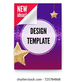 Layout template in A4 size, business brochure, flyer design, Paper poster with gold stars and glittering shine on backdrop, isolated on white background, 3D illustration with place for text.
