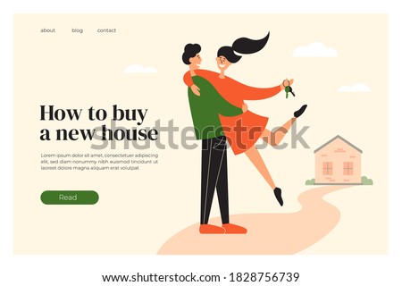 Layout template of buying new house. Happy home owners near their property. Man holding woman with door keys in hand. Mortgage loan, real estate. Young couple buy house. Ad banner, vector illustration