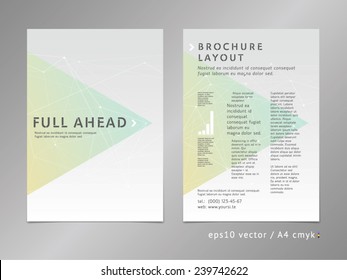 Layout template: catalog, brochure, cover, page. Moving ahead concept on stars background. Low polygonal design, geometric sharp surfaces, minimalistic soft color style. Arrow shape.