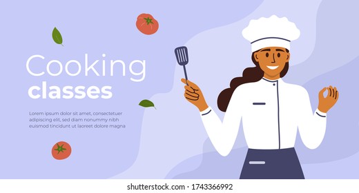 Layout template for cooking classes. Young chef woman holding kitchen item and showing gesture delicious. Banner with smiling girl Vector illustration.