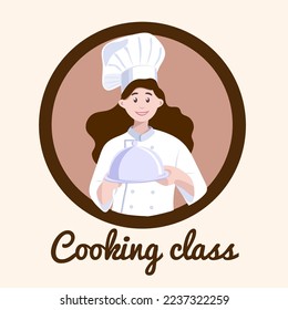 Layout template for cooking classes. Young chef woman holding kitchen item and showing gesture delicious. Banner with smiling girl Vector illustration.