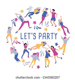 Layout template with cute young men and women dancing together , template for card, banner and poster : Vector Illustration