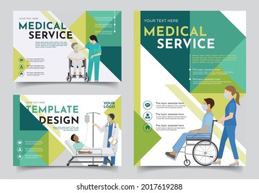 Diseño de plantillas de diseño con personal médico y personajes de diseño plano de pacientes, para perfil de empresa empresarial, informe anual, folletos, folletos, presentaciones, folleto, revista, libro y escala de tamaño a4