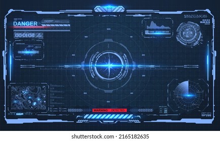 Layout, a template of a digital spaceship screen with a view of graphs and data. User interface or graphical interface of a sci-fi space game. Technology of aiming and aiming the target in hud style.