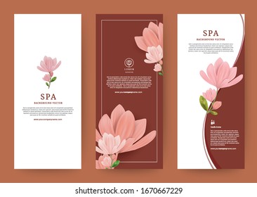 Elementos de plantilla de diseño, dibujo de magnolia de flores. Presentación de estilo plano. Diseño de ilustración vectorial, Folleto de póster, Spa, Cosmética de embalaje.